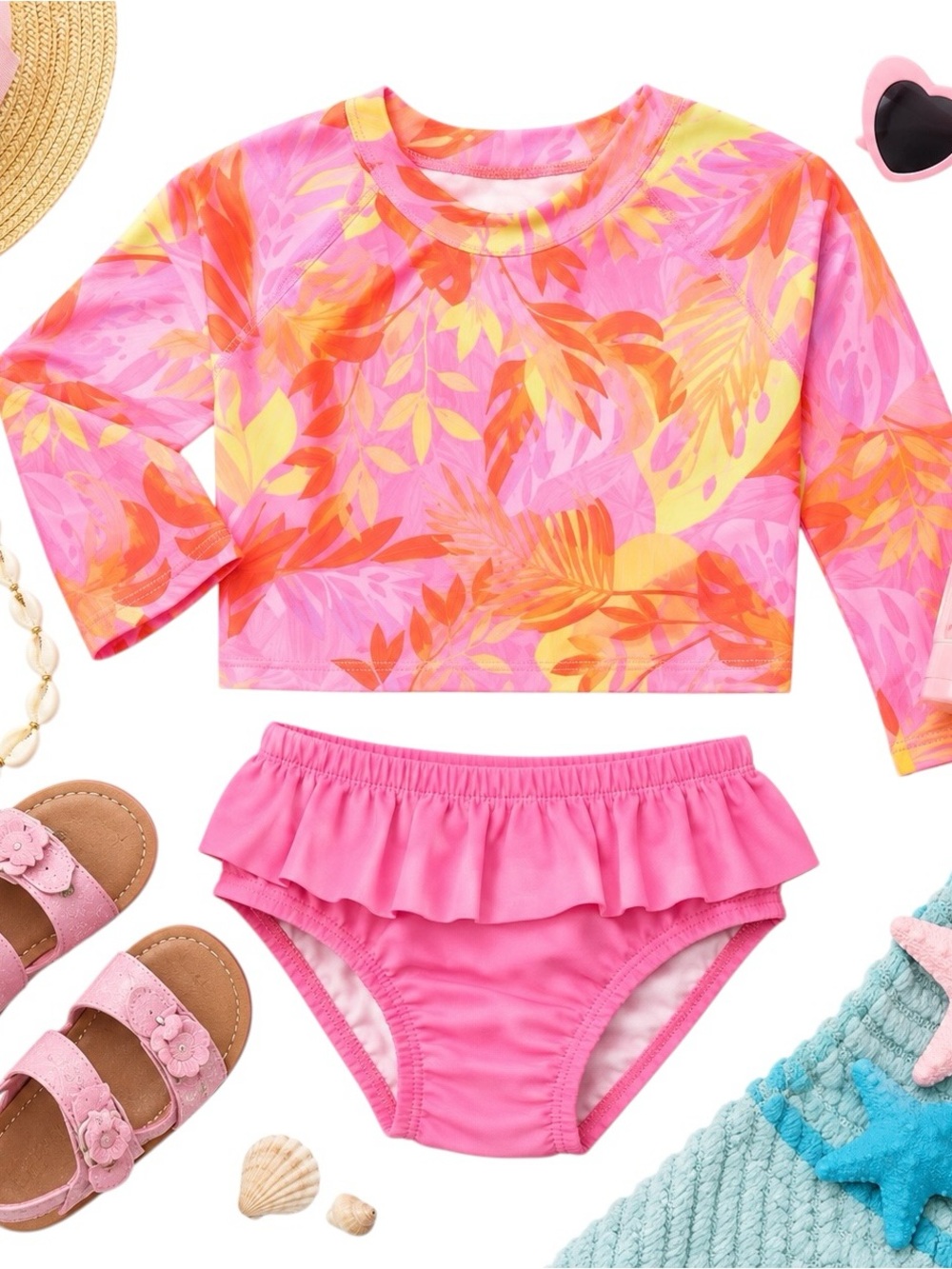 Wonder Nation Tropical Rash Guard Swimsuit Set Girls 18M Pink NWT Two Piece CUTE